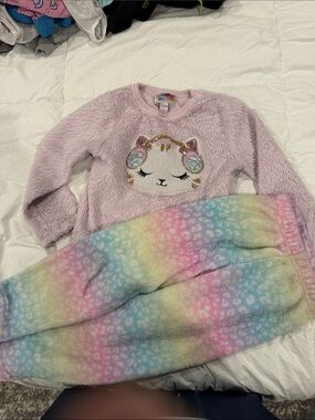 Magic Plush Light Pink Unicorn-Cat Pajama Set with Pastel Rainbow Pants